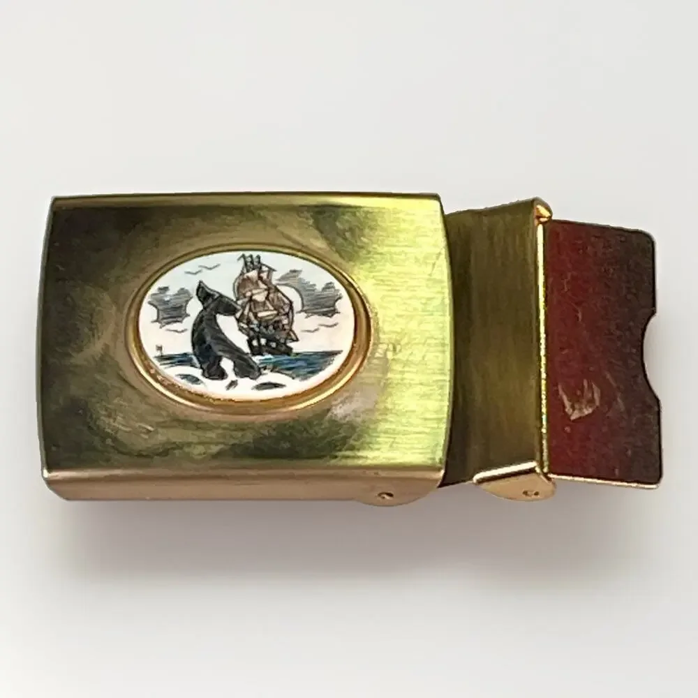 Handmade Fossil Scrimshaw Nautical Whaling Ship/ Whale Brass Belt Buckle